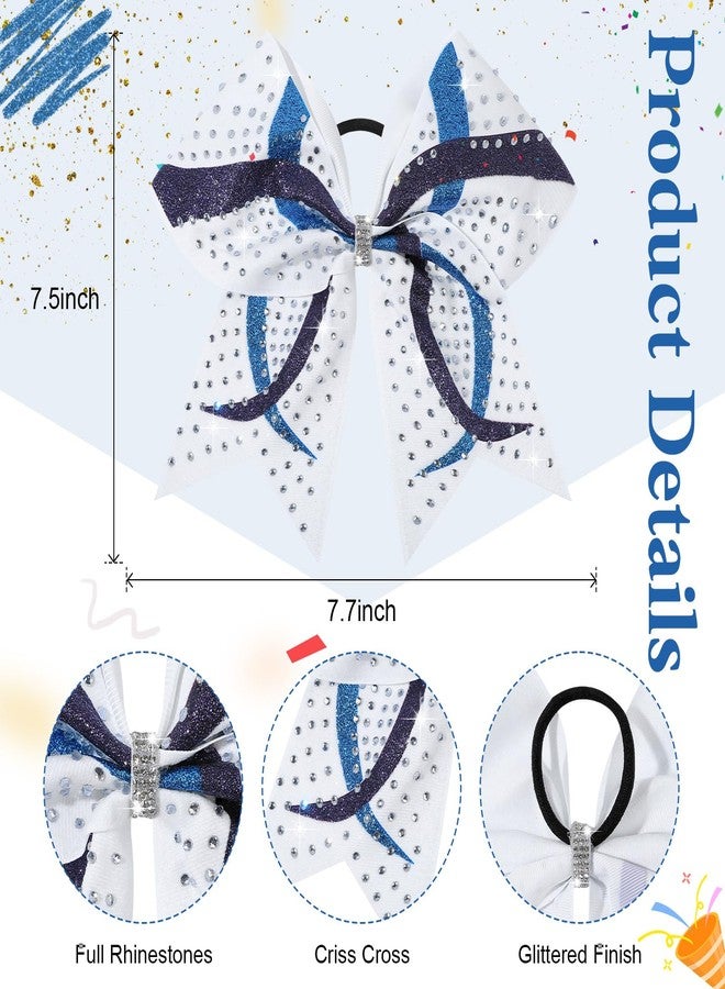 CEELGON 6PCS Full Glitter Rhinestone Cheer Bows Criss Cross Stiff Competition Large Cheerleading Hair Bows Elastic Band for Cheerleaders Girls -White/Blue/Navy - Image 3